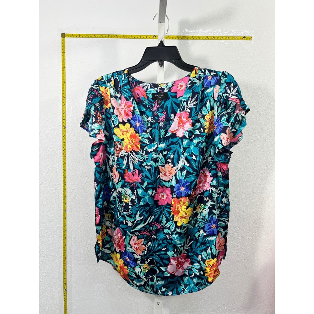 Tahari ASL Women Floral VNeck Flutter Sleeve Blouse Navy Blue Pink Yellow Size M